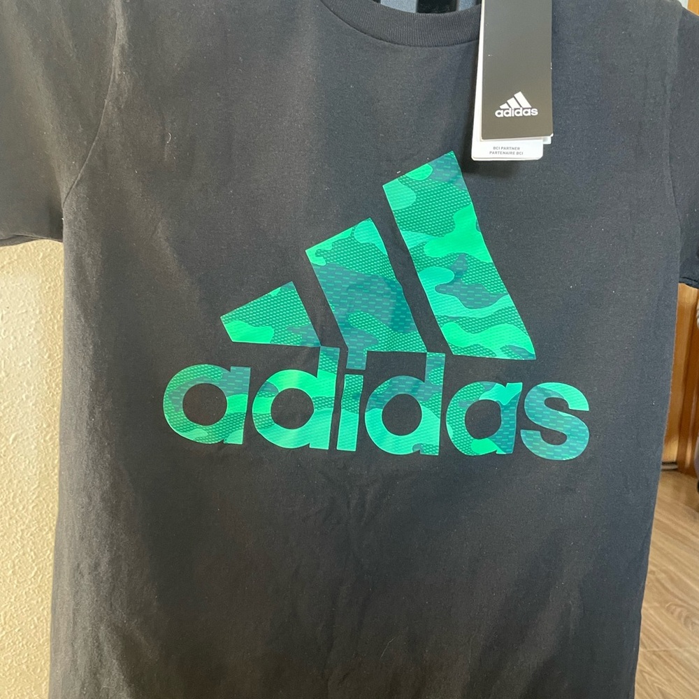 Adidas Black Tee with Green/Teal Camo Logo Print